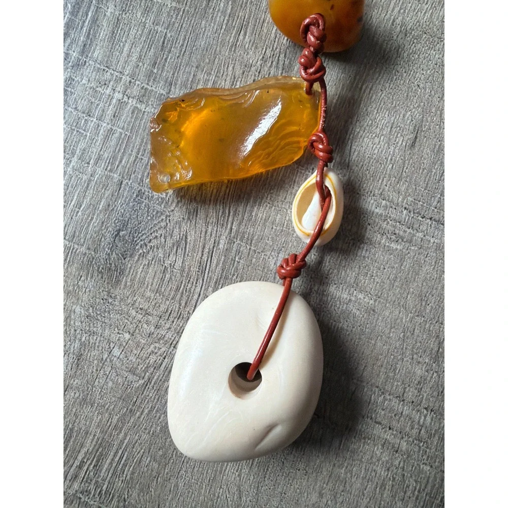 Ulla Johnson Bag Charm Leather Amber Shell Stone Keychain Terracotta Gold Tone